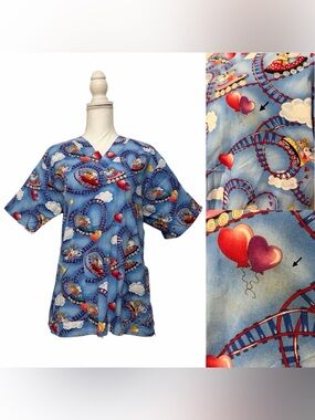Uniform City Balloon Roller Coaster Print Nursing Medical Scrub Top Women’s Sm